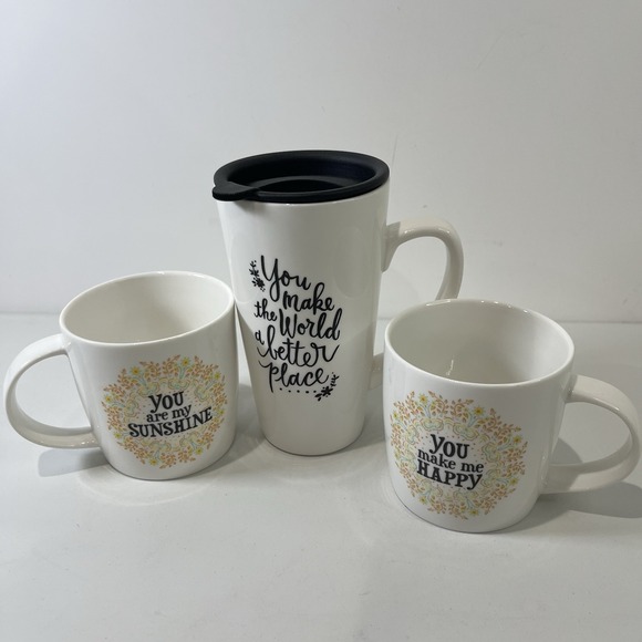 NATURAL LIFE Other - Natural Life Coffee Mug Set Of 3 Mugs Tea Travel Floral White Happy Sunshine
